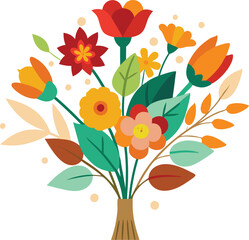 Fototapeta premium A bouquet filled with bright flowers and leaves arranged beautifully in a visually appealing composition.