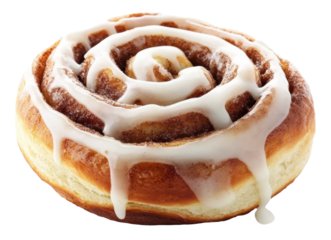 Freshly baked cinnamon roll drizzled with icing, cut out - stock png.