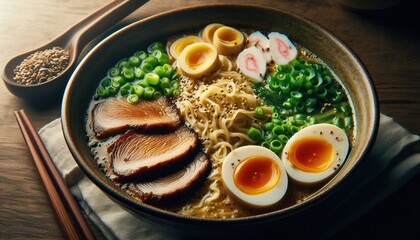 Delicious bowl of ramen noodles with pork, egg, and green onions.