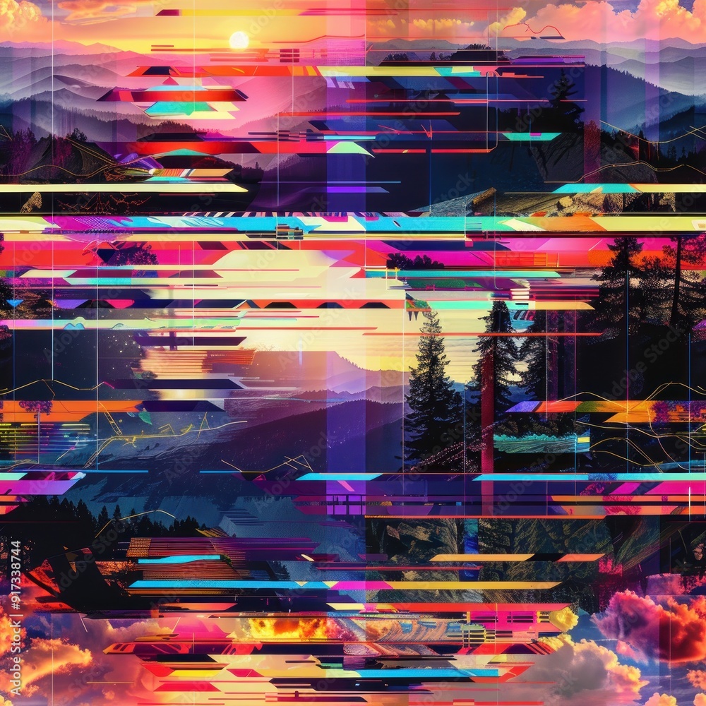 Poster Abstract Glitch Art Landscape with Sunset.