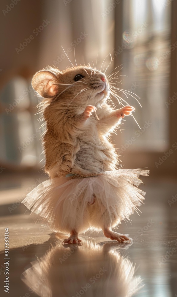 Canvas Prints A small furry creature wearing a tutu stands on its hind legs. AI.