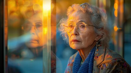 A woman looks out a window, bathed in warm light. AI.