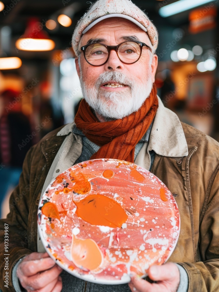 Canvas Prints A man holds a paint palette with orange paint. AI.