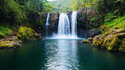 Fototapeta premium Tranquil, peaceful waterfall, cascading, clear water, lush greenery, high quality, photorealistic, hidden oasis, serene, rainforest, breathtaking