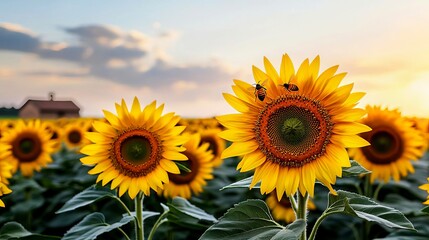 Obraz premium Vibrant, sunflower fields, golden blooms, high quality, photorealistic, summer, cheerful, idyllic, rural, panoramic, breathtaking