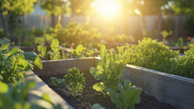 Fresh green vegetables and herbs growing in soil outdoors in a community garden or allotment