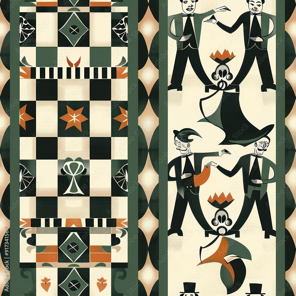 Wall mural abstract art with geometric patterns and figures.