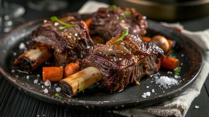 gourmet braised short ribs with smoked salt, root vegetables, and red wine reduction, served on a dark ceramic plate with rustic linen napkin. Hearty and rich.