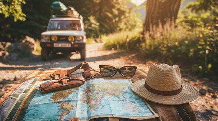a map of the world on an outdoor table accompanied by hats and a car in the background