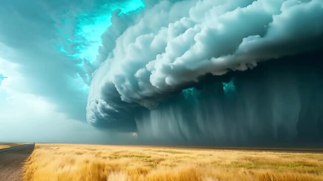 Huge supercell storm cloud forming over dry grassland