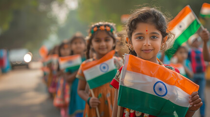 Republic day of india celebration, children holding the Indian flag. kids parade. space for copy, greetings, text, caption