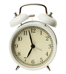 Round white metal alarm clock on isolated background