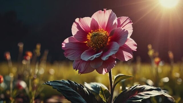 a beautiful flower growing and growing on the valey surrounded by the sun light, analog, camera, detailed composition,