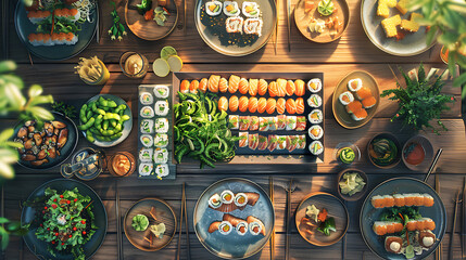 Fototapeta premium Japanese restaurant dinner table spread in top-down view, array of beautifully plated sushi, sashimi, tempura, surrounded, fresh salads, traditional Japanese food