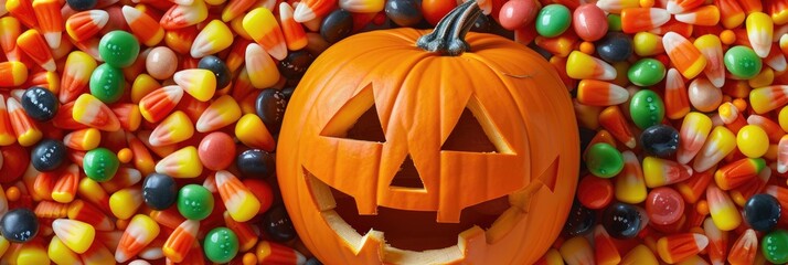 Decorative pumpkin surrounded by Halloween Candy with candy corn and jelly beans High angle view in horizontal format