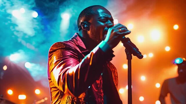 Charismatic black male singer performing live with band on stage