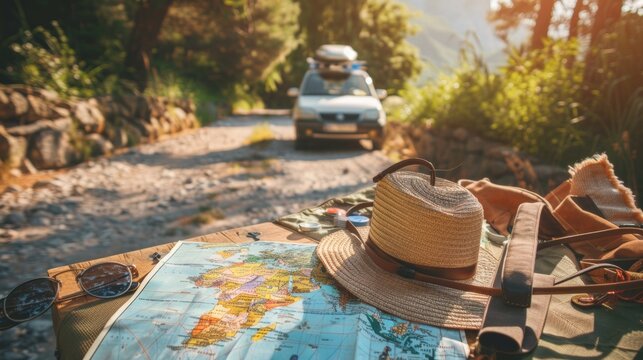 a map of the world on an outdoor table accompanied by hats and a car in the background - Powered by Adobe
