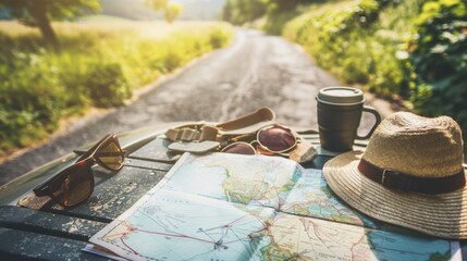 a map of the world on an outdoor table accompanied by hats and a car in the background