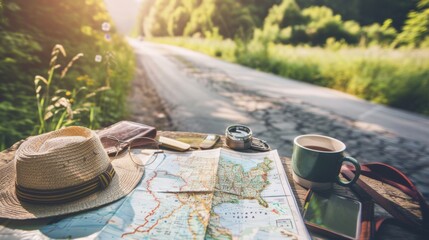 a map of the world on an outdoor table accompanied by hats and a car in the background