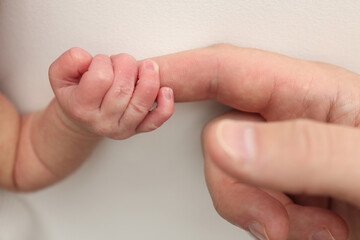 The newborn baby has a firm grip on the parent's finger after birth. Close-up little hand of child and palm of mother and father. Parenting, childcare and healthcare concept.
