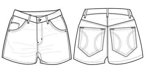 Womens Denim shorts front and back view flat sketch fashion illustration, Micro Denim shorts drawing vector template