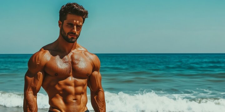 Captivating Latin Adonis: The Alluring Charm of a Greek-Descended Hunk Embracing the Summer Sun on the Beach.