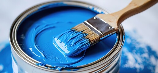 Close up of a paint brush dipping into a can of blue paint. The brush is covered in blue paint.