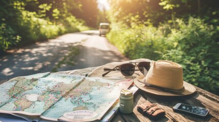 a map of the world on an outdoor table accompanied by hats and a car in the background