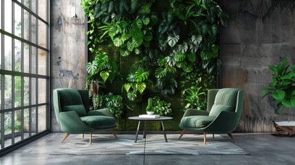 Stock photo: green-themed living room with vertical garden, chairs, and table