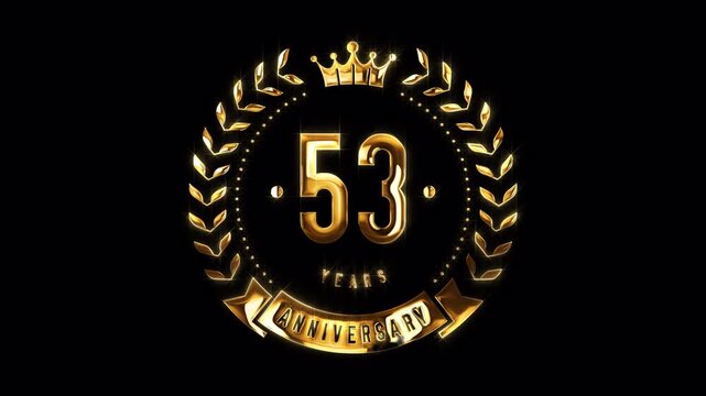 53rd Anniversary Celebration. Happy 53 Years Anniversary Animation in Gold Color on the Transparent Background, Alpha Channel. Great for greetings, celebrations, events, and gifts.