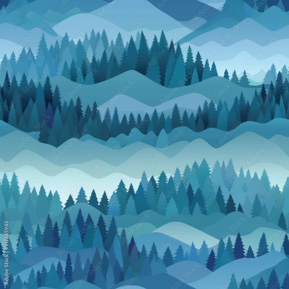 Canvas Prints seamless pattern of forest and mountains in blue tones.
