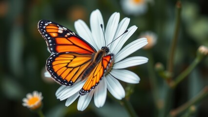 Obraz premium A vibrant butterfly rests on a stone in a sand garden with concentric circles. The image symbolizes tranquility, balance, and the beauty of nature in a Zen-inspired setting