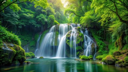 A stunning waterfall surrounded by lush green trees in the forest, waterfall, forest, nature, scenery, landscape