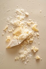 Parmesan cheese crumbles and wedges on clean beige background