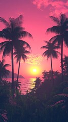 Fototapeta premium Tropical sunset with palm trees and ocean