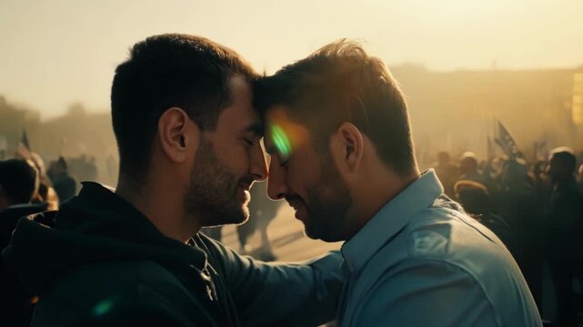 Even in the midst of a tense standoff between protesters and authorities two strangers embrace in a hug symbolizing the power of love over hate.
