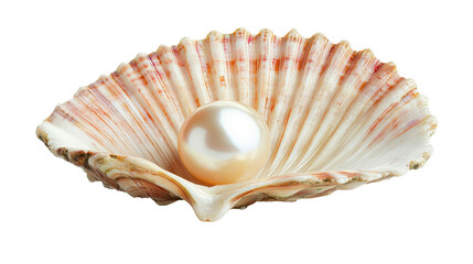 A large, white pearl sits inside a seashell isolated on transparent background PNG