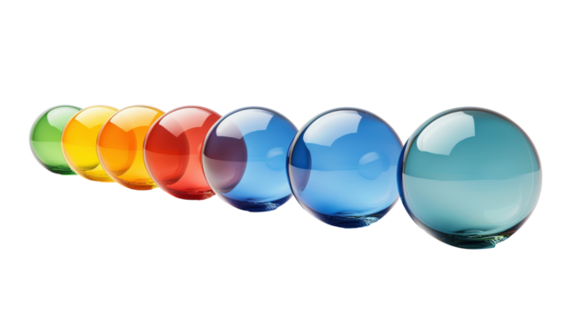 Colorful glass spheres arranged in a rainbow pattern