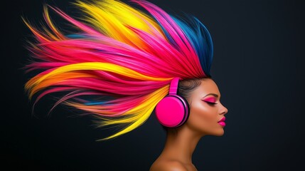 A woman with colorful hair and headphones on her head. Concept of freedom and individuality, as the woman's unique hairstyle and choice of music suggest that she is not afraid to express herself