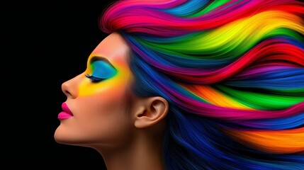 Naklejka premium A woman with rainbow colored hair and makeup. The hair is long and colorful, and the makeup is bright and bold. Concept of creativity and individuality, as the woman's hair and makeup are unique