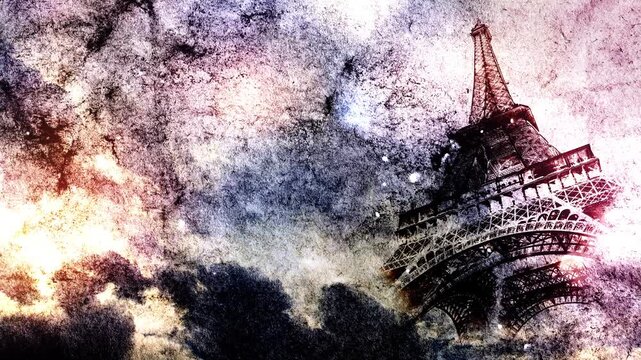 Eiffel Tower appears smoothly on old grunge paper with time lapse of clouds in the sky at sunset with slow motion video of dust flying in the air. Creative, combined 3D 4K parallax video.