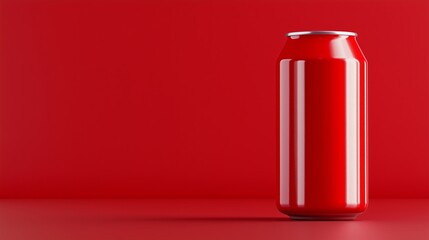 Fototapeta premium A red can of soda sits on a red background. The red color of the can and the background creates a bold and vibrant mood
