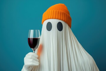 Ghost costume with orange beanie holding a glass of red wine. Concept of spooky fun and Halloween celebration.