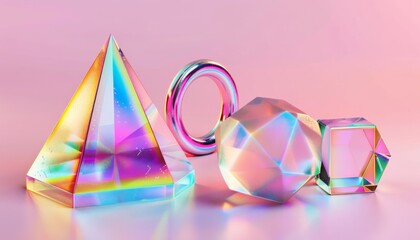 Fototapeta premium 3D render icons set featuring a glass triangle, ring, and cube with holographic gradient textures
