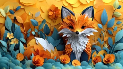 Fototapeta premium Paper Art Fox in Autumn Landscape