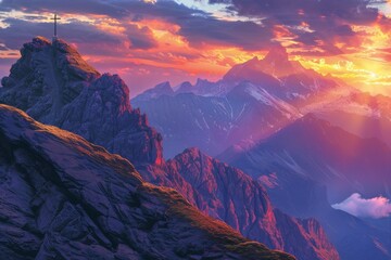 Breathtaking mountain landscape at sunrise with vibrant hues and a cross at the summit, capturing