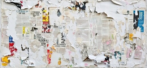 A weathered wall covered in layers of peeling posters and advertisements, creating a textured and abstract background.