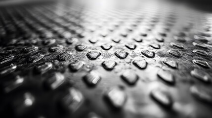 A close-up of the steel surface, showing its intricate pattern and textures in monochrome tones. The focus is on the detailed crosshatching patterns that create depth and dimensionality within each sh