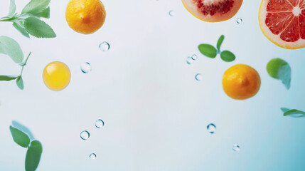 Fresh citrus fruits, leaves, and water bubbles on a blue background.