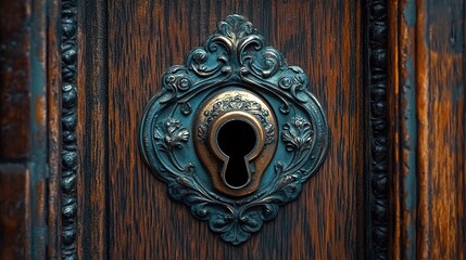 An ornate antique keyhole on an old wooden door, symbolizing the mystery and history of forgotten secrets. 

